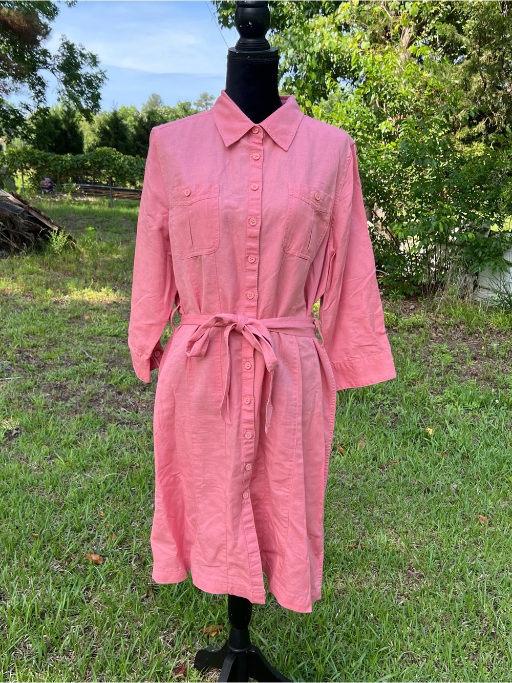 LL Bean Linen Cotton Belted Button Front Shirt Dress Pink Roll Tab XL Petite